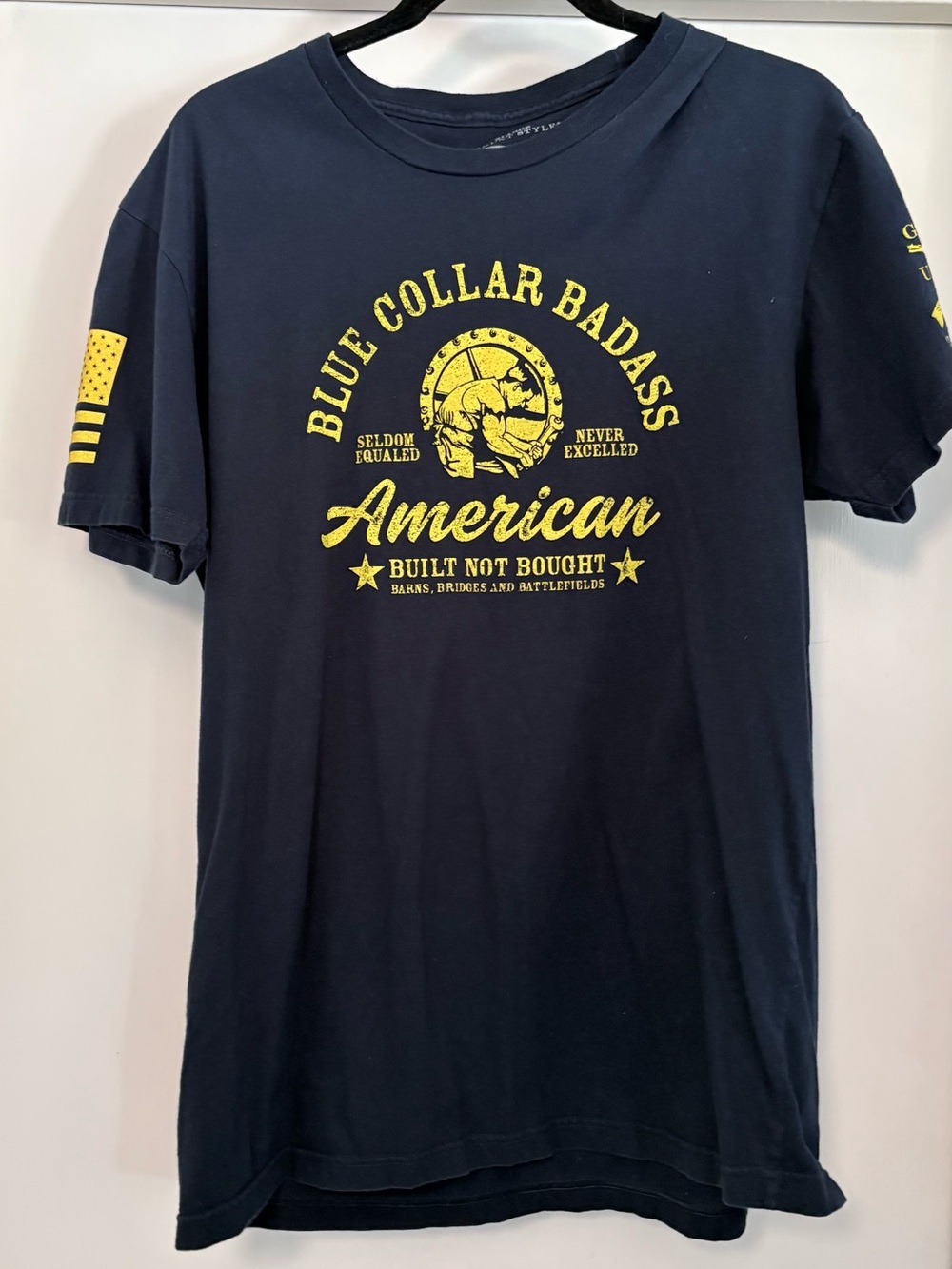 Grunt Style Navy Tee with Yellow American 'Blue Collar Badass' Graphic